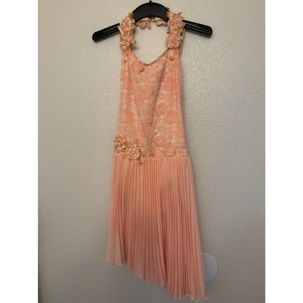 Curtain Call Dance Costume green pink peach pleaded skirt R565 SA-Small adult